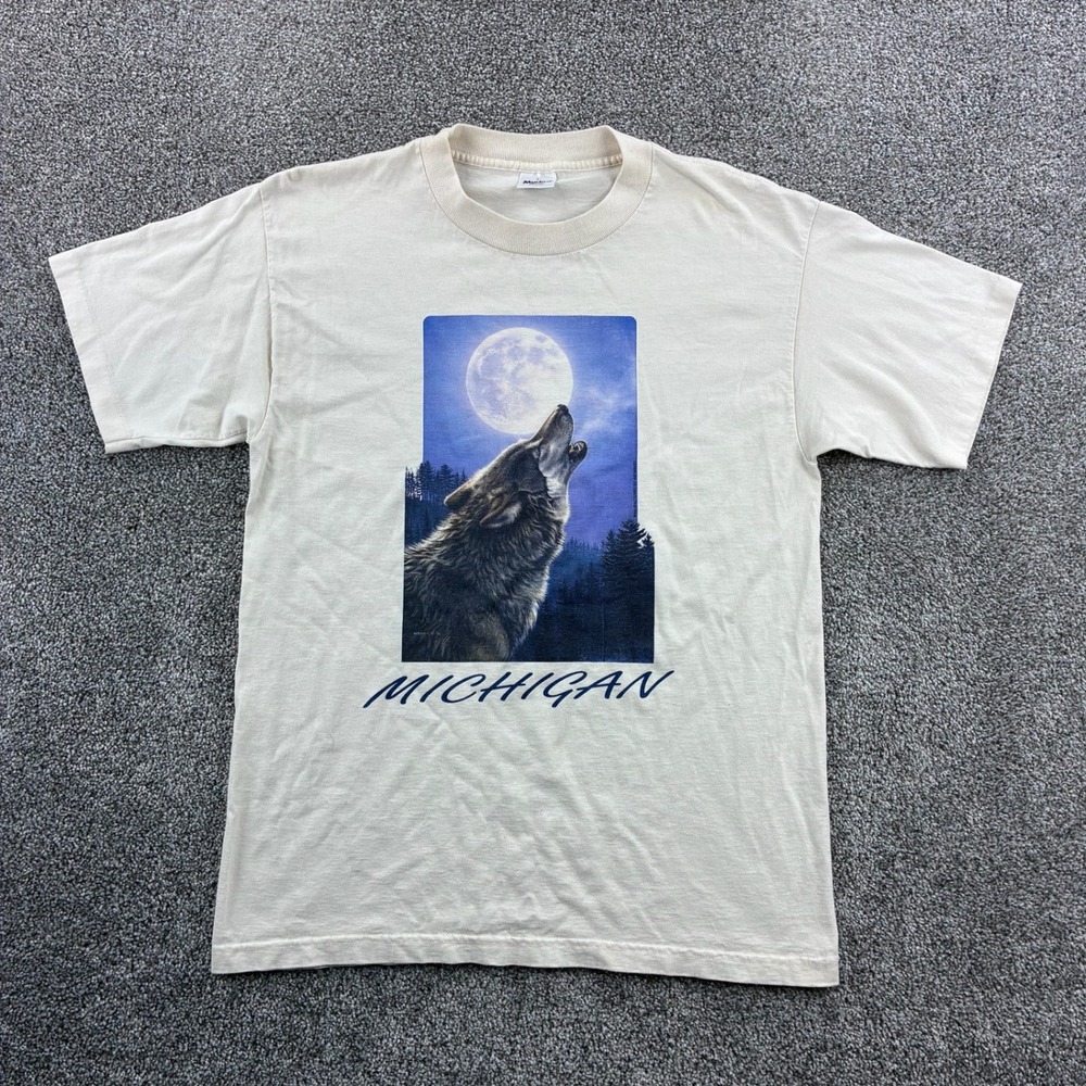 Vintage Wolf Shirt Mens Large Cream Cotton Michigan Nature Tee 90s USA Animals